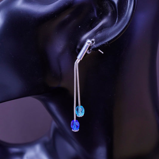 Vintage Sterling 925 silver handmade long earrings with blue Swarovski crystal