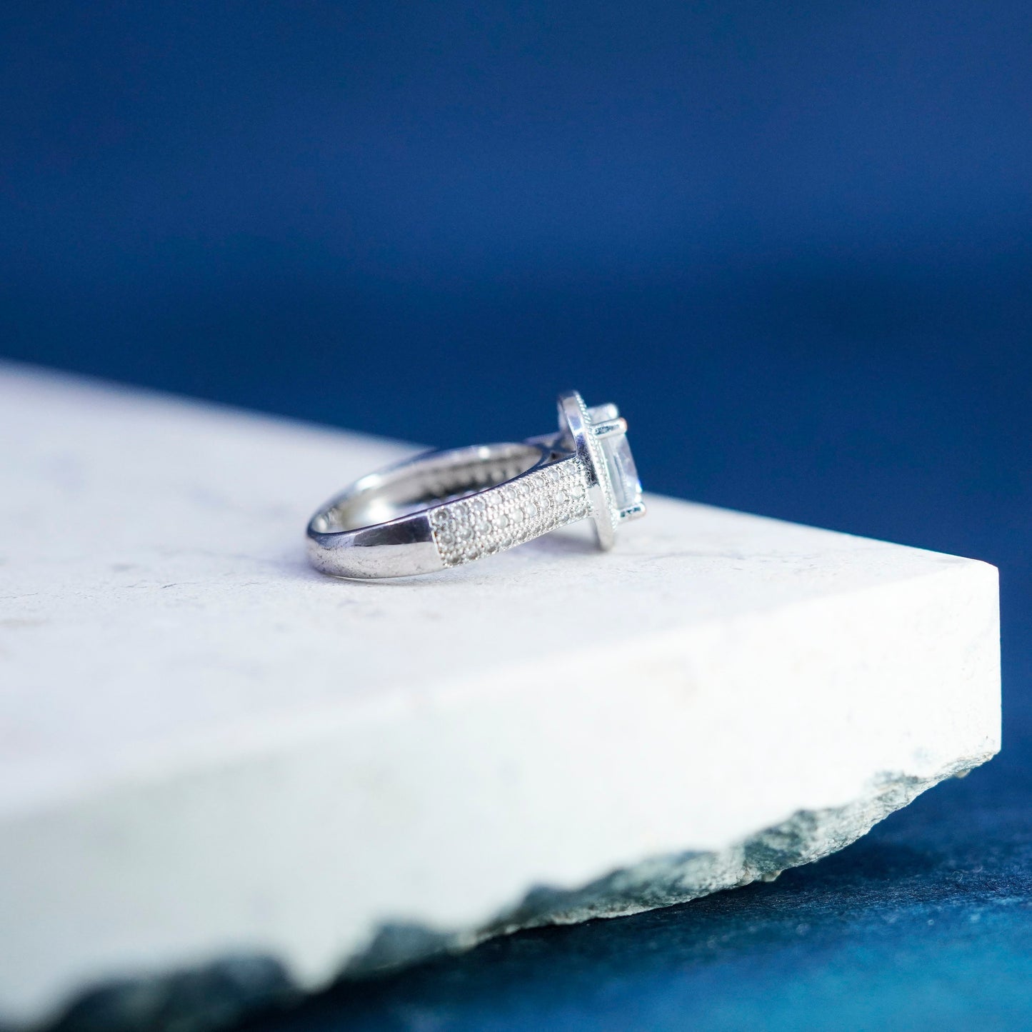 Size 6, vintage Sterling 925 silver engagement ring with cluster Cz around