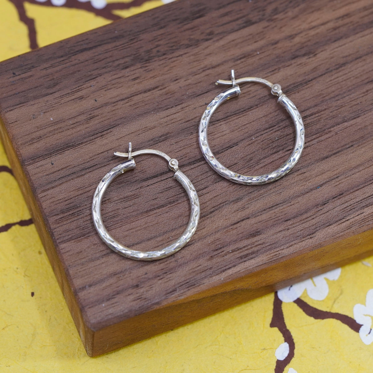 1”, Vintage Sterling silver handmade earrings, textured 925 hoops