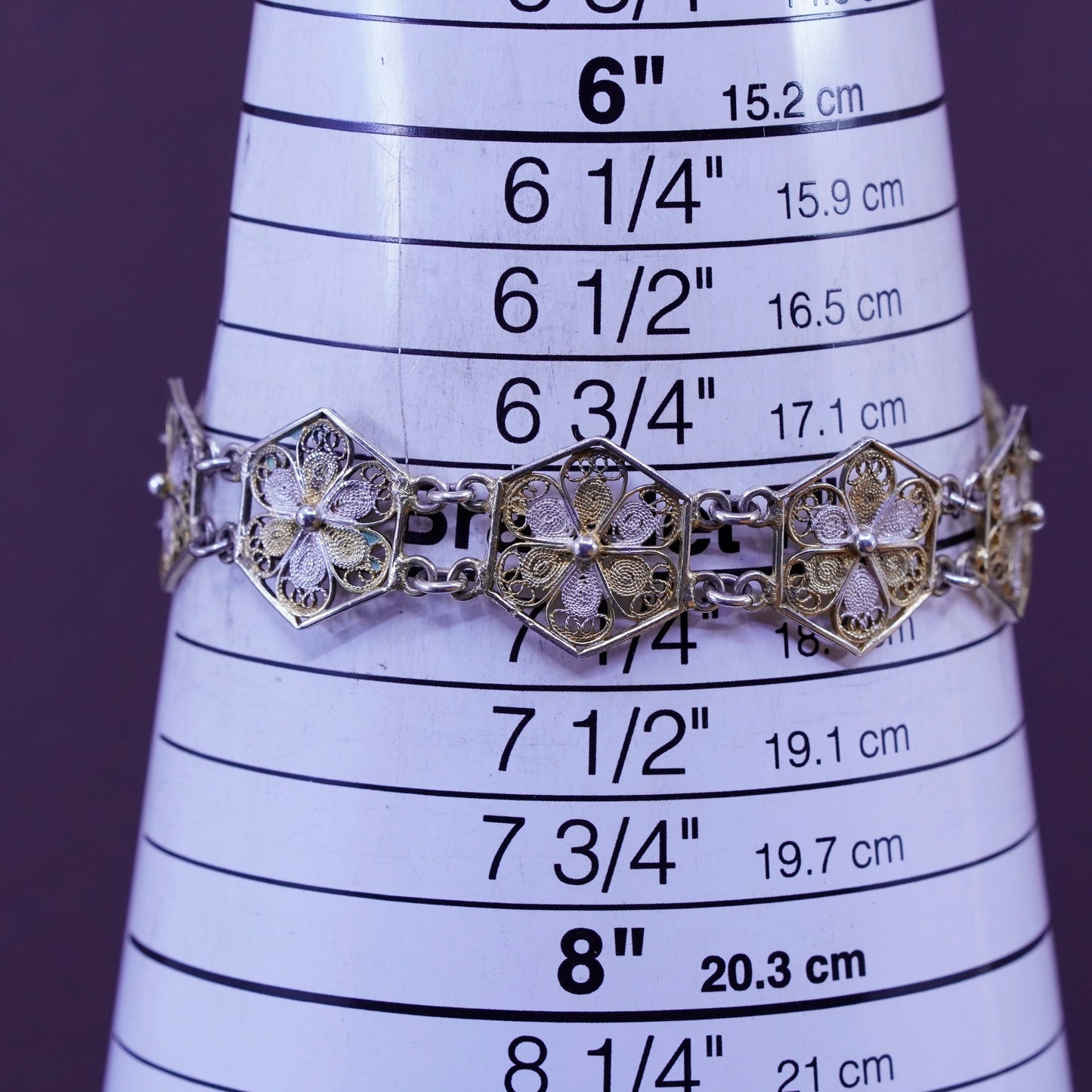 7”, vtg Germany 800 Sterling silver handmade bracelet, filigree floral chain