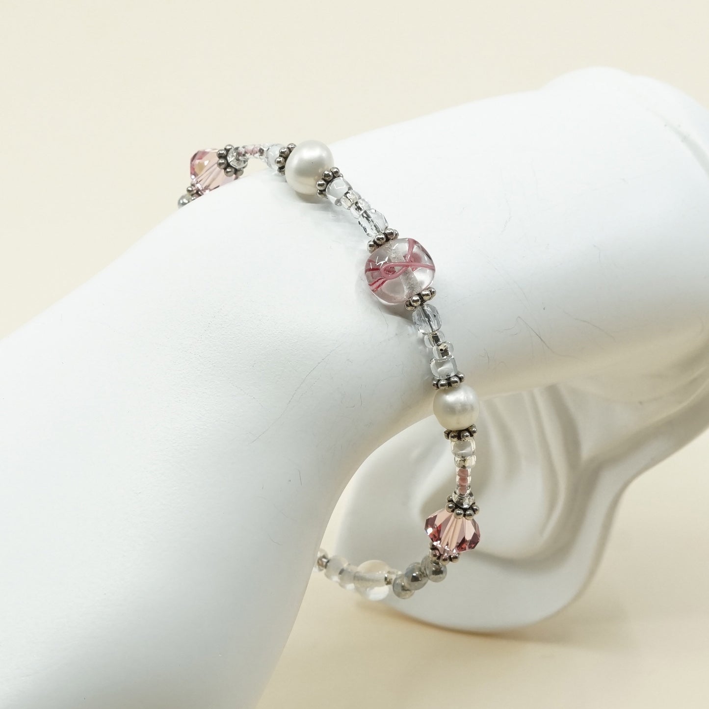 6.25”+1”, VTG Sterling silver handmade bracelet, pearl beads w/ pink crystal