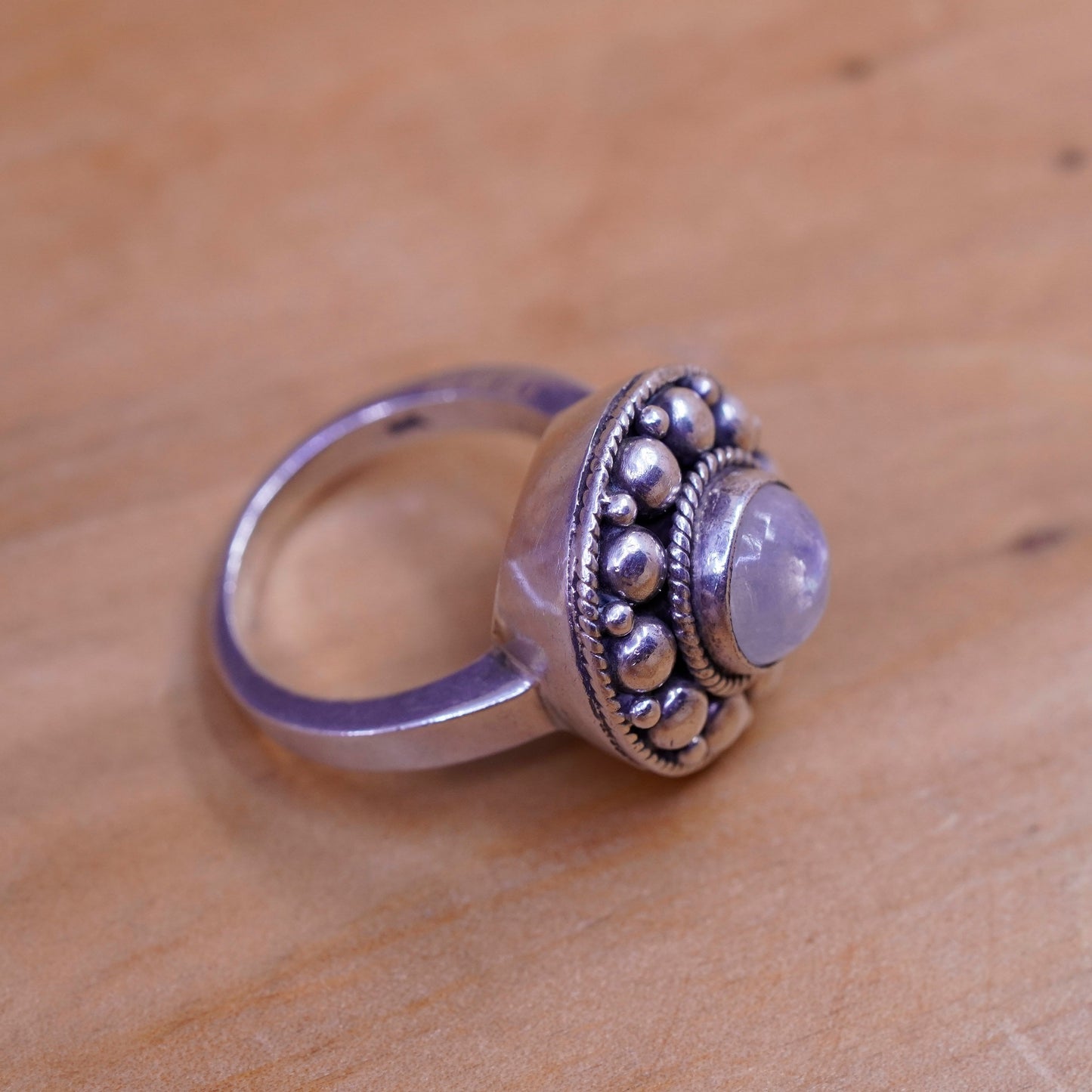 Size 6, vintage sterling 925 silver handmade ring with moonstone beads around