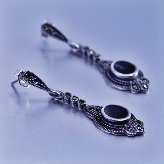 Vintage Sterling 925 silver handmade earrings with obsidian and marcasite