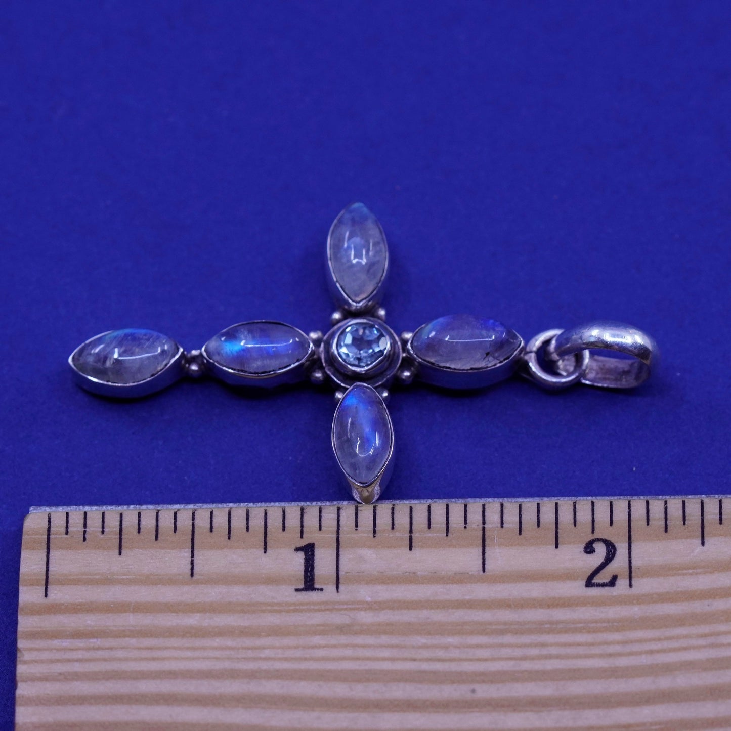 Vintage Sterling 925 silver handmade cross pendant with topaz and moonstone