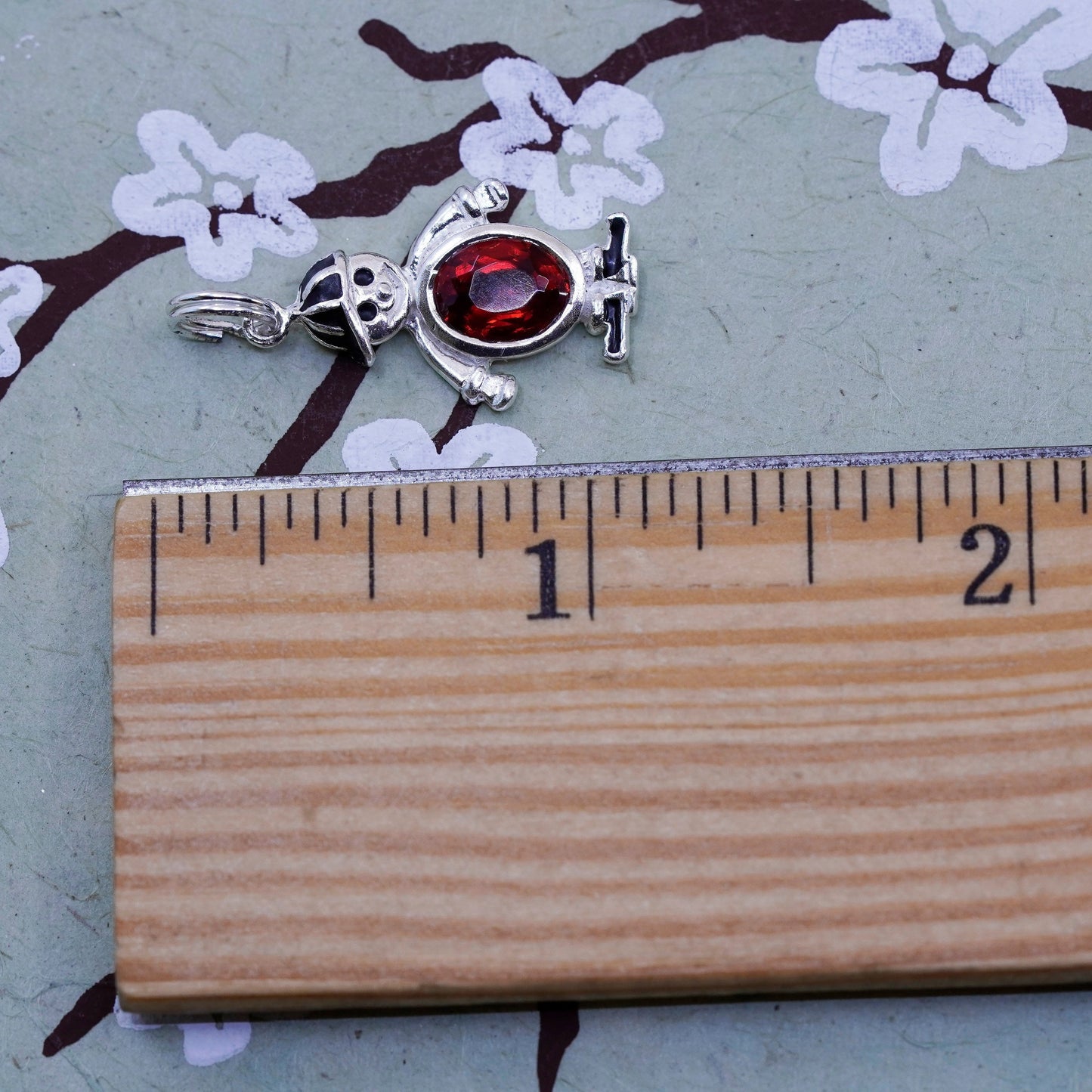 Vintage Sterling 925 silver handmade birthstone pendant ruby, baby boy figure