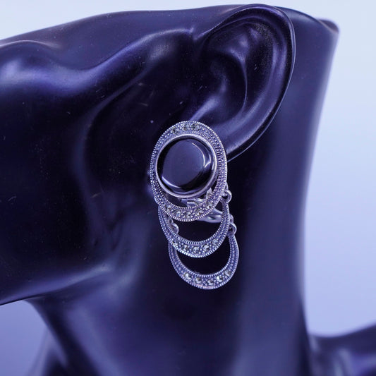 Vintage Sterling 925 silver handmade earrings, clip on black onyx marcasite