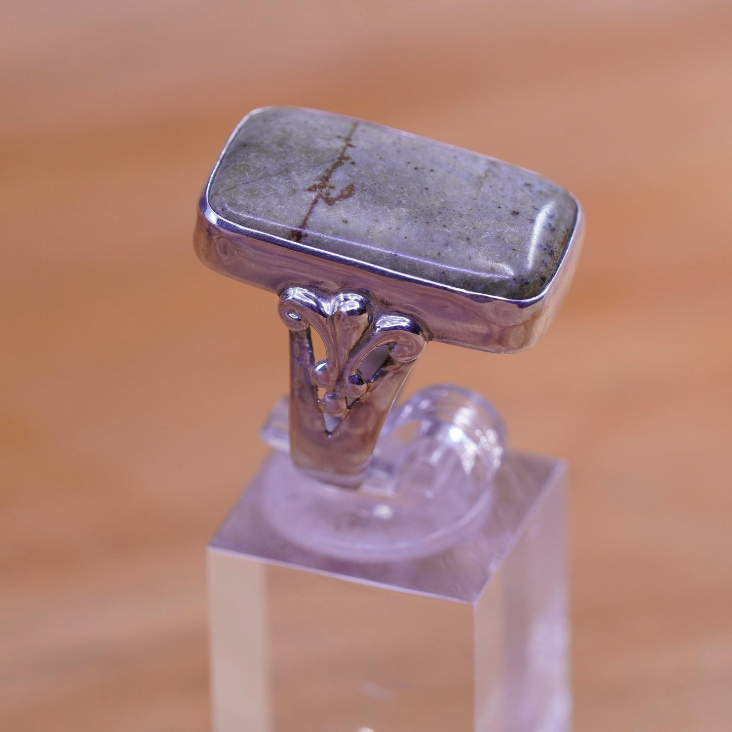 Size 7, vintage Sterling 925 silver handmade ring with landscape jasper