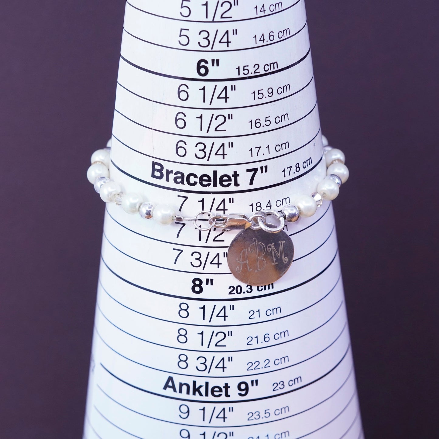 7.25”, Sterling silver bracelet, pearl beads chain 925 charm monogram “ABM”