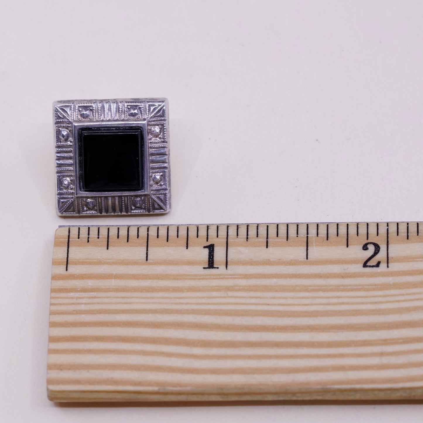 Vintage Sterling silver handmade earrings, Modern 925 stud with square obsidian