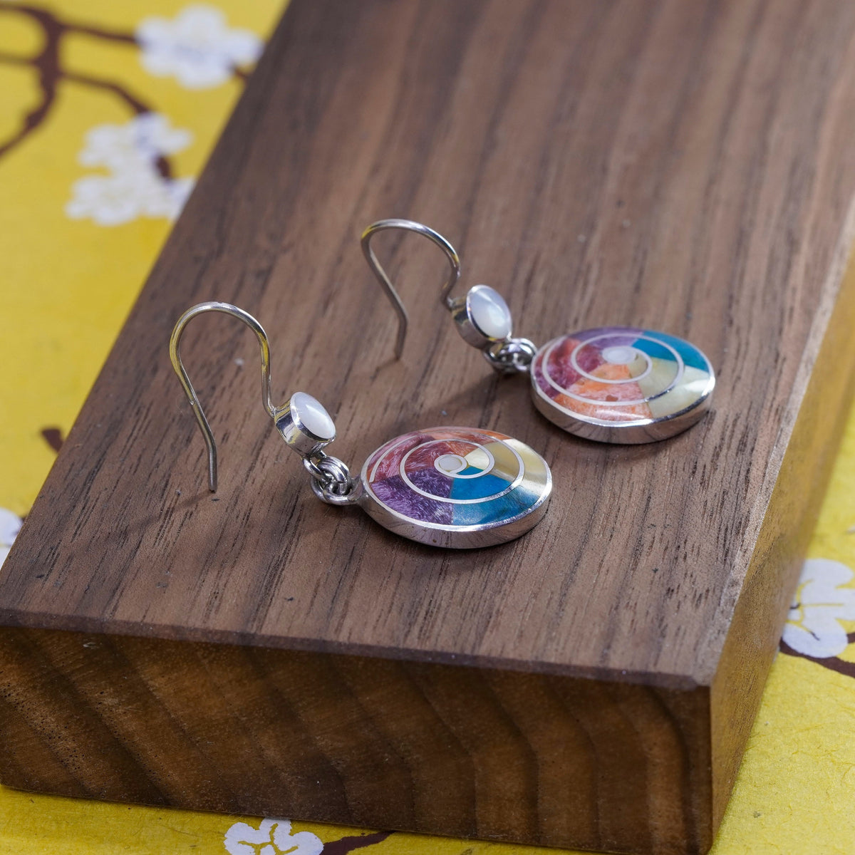 Sterling 950 silver earrings, Peruvian Inca silver turquoise, mother of pearl
