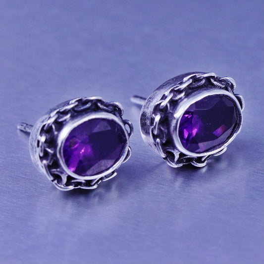 Vintage Sterling 925 silver handmade earrings, studs with amethyst