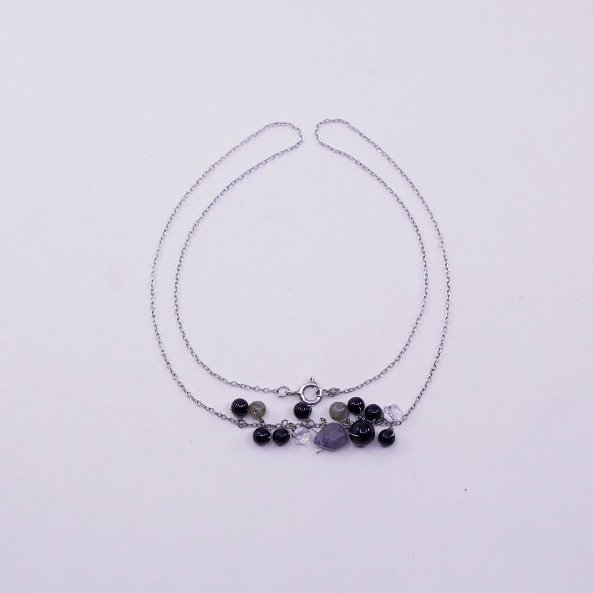 18”, Sterling 925 silver necklace chain cluster labradorite obsidian beads