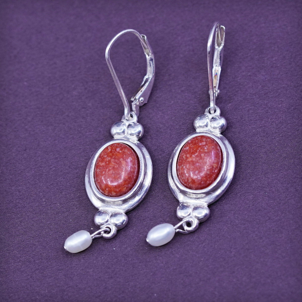 southwestern CCO Sterling 925 silver handmade earrings w/ oval coral and pearl