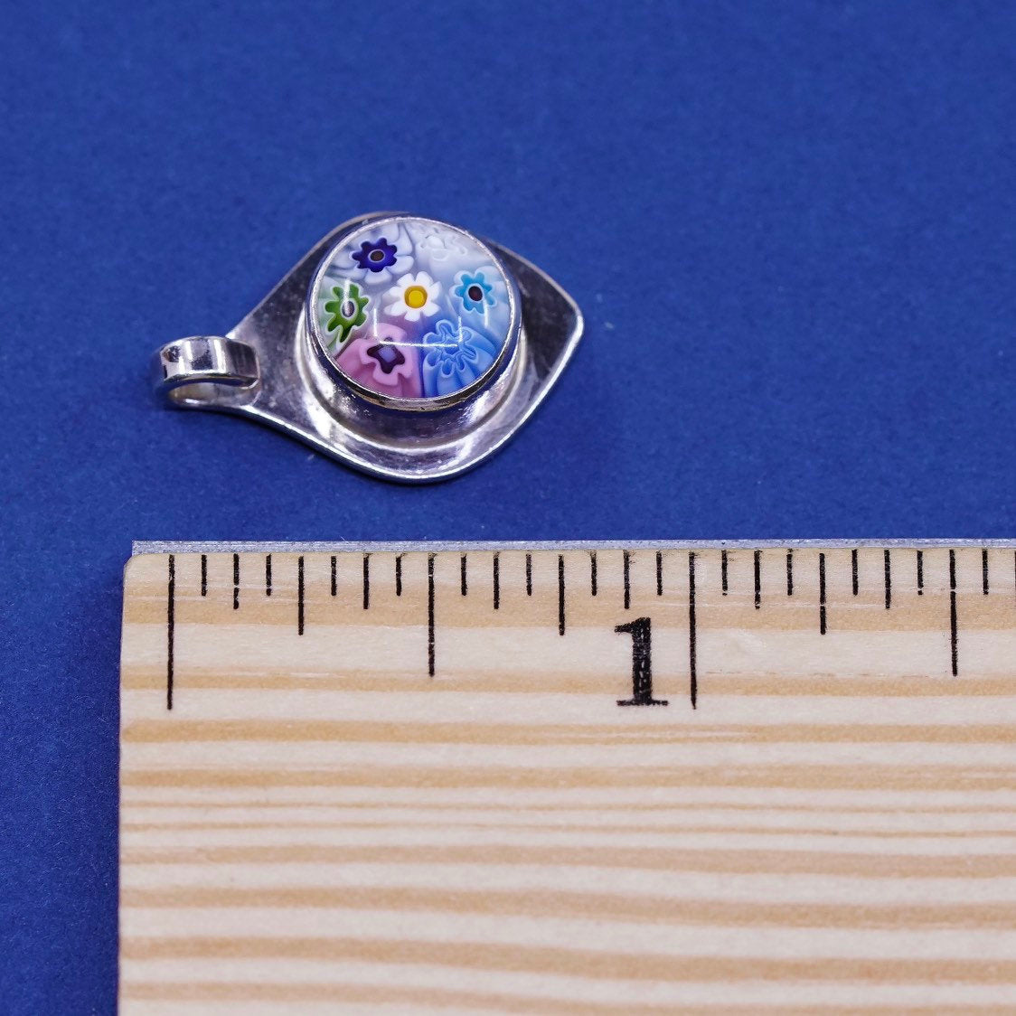 vtg handmade sterling silver tag, 925 w/ multiciori pendant, murano glass