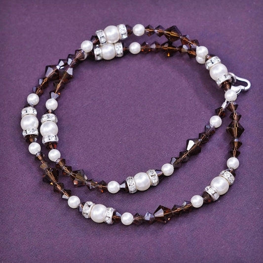16", Sterling silver handmade necklace, 925 Heart clasp w/ pearl N garnet beads