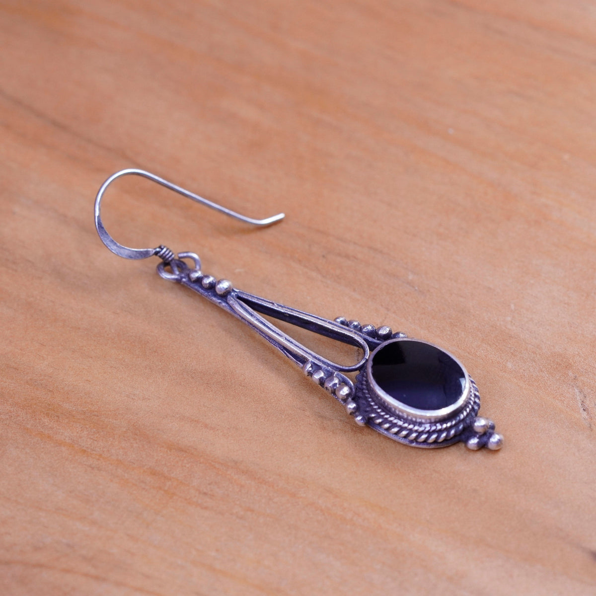 Vintage Sterling silver handmade earrings, Mexico 925 beads with oval obsidian