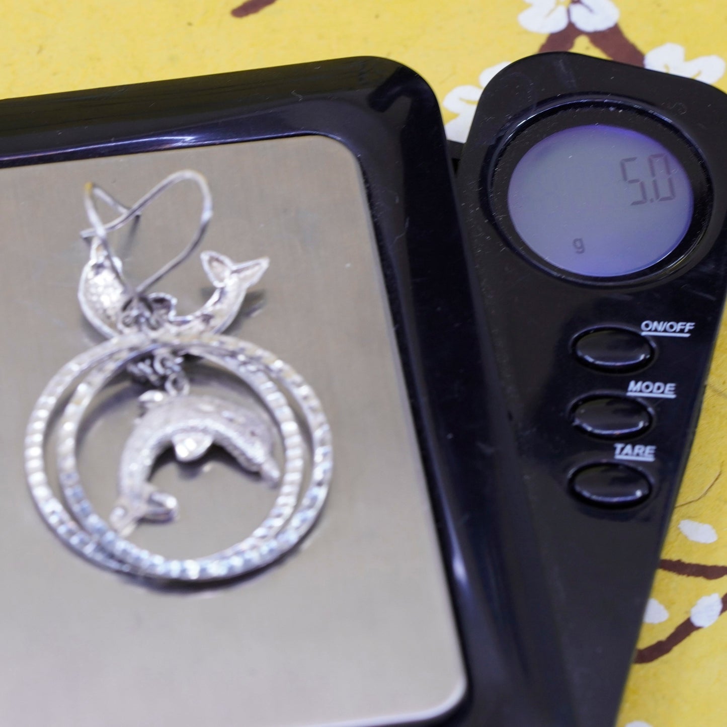 Vintage Sterling silver handmade earrings, 925 circle with dolphin dangle