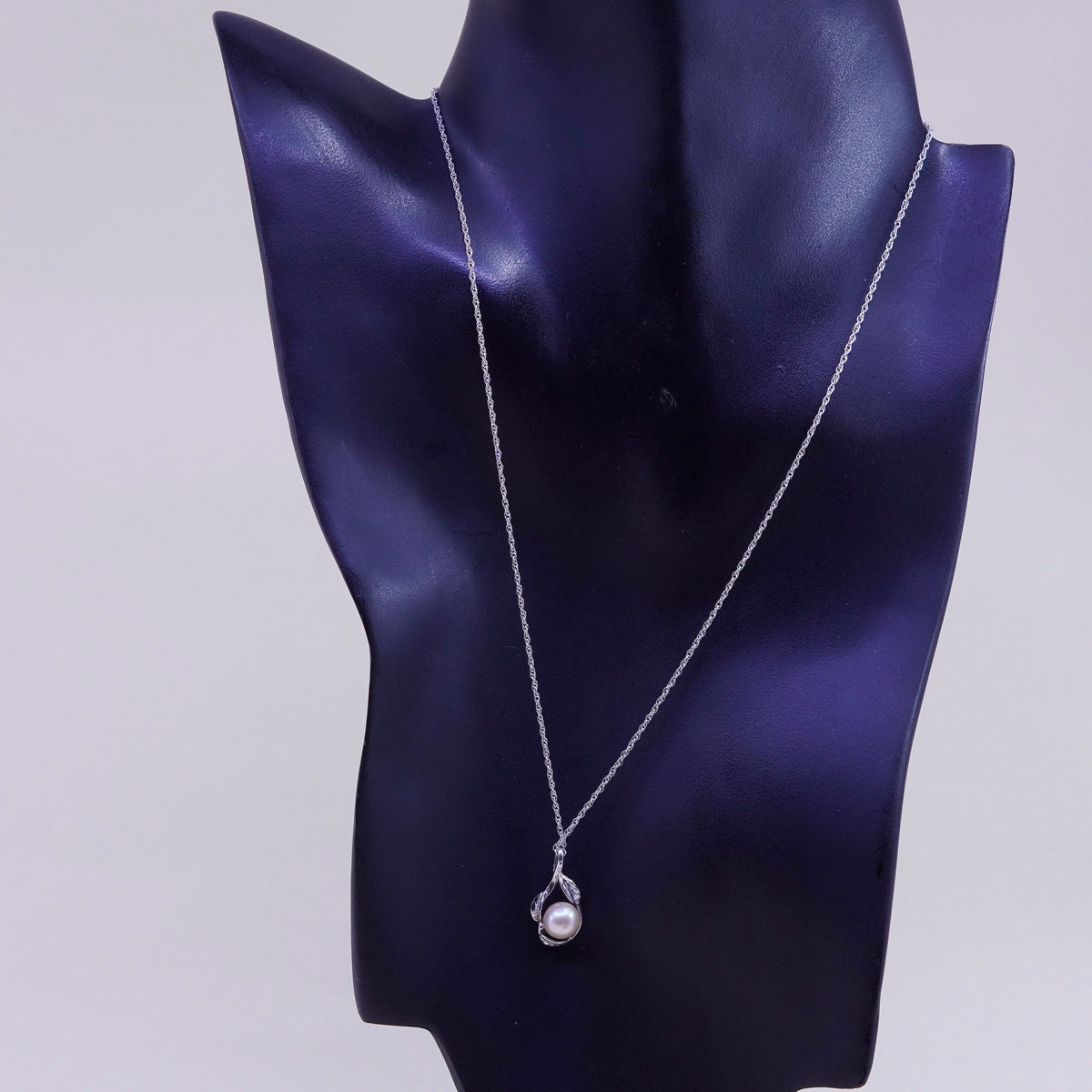 18”, vintage sterling 925 silver Singapore chain necklace pearl leaf pendant