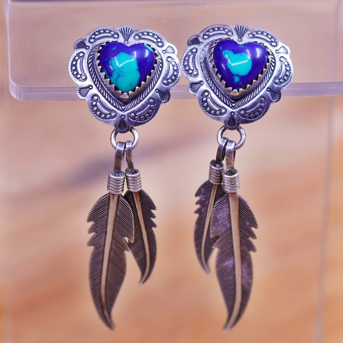 vtg Quoc Turquoise Q.T. Sterling Silver Handmade Earrings, 925 heart azurite