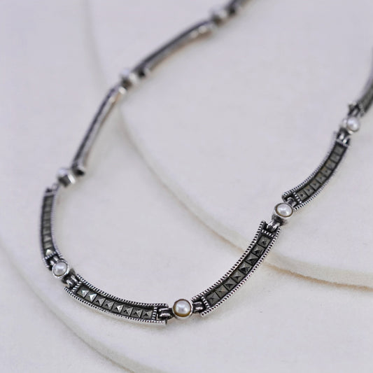 16+1.5”, Judith Jack Sterling 925 silver bar chain tennis necklace Marcasite