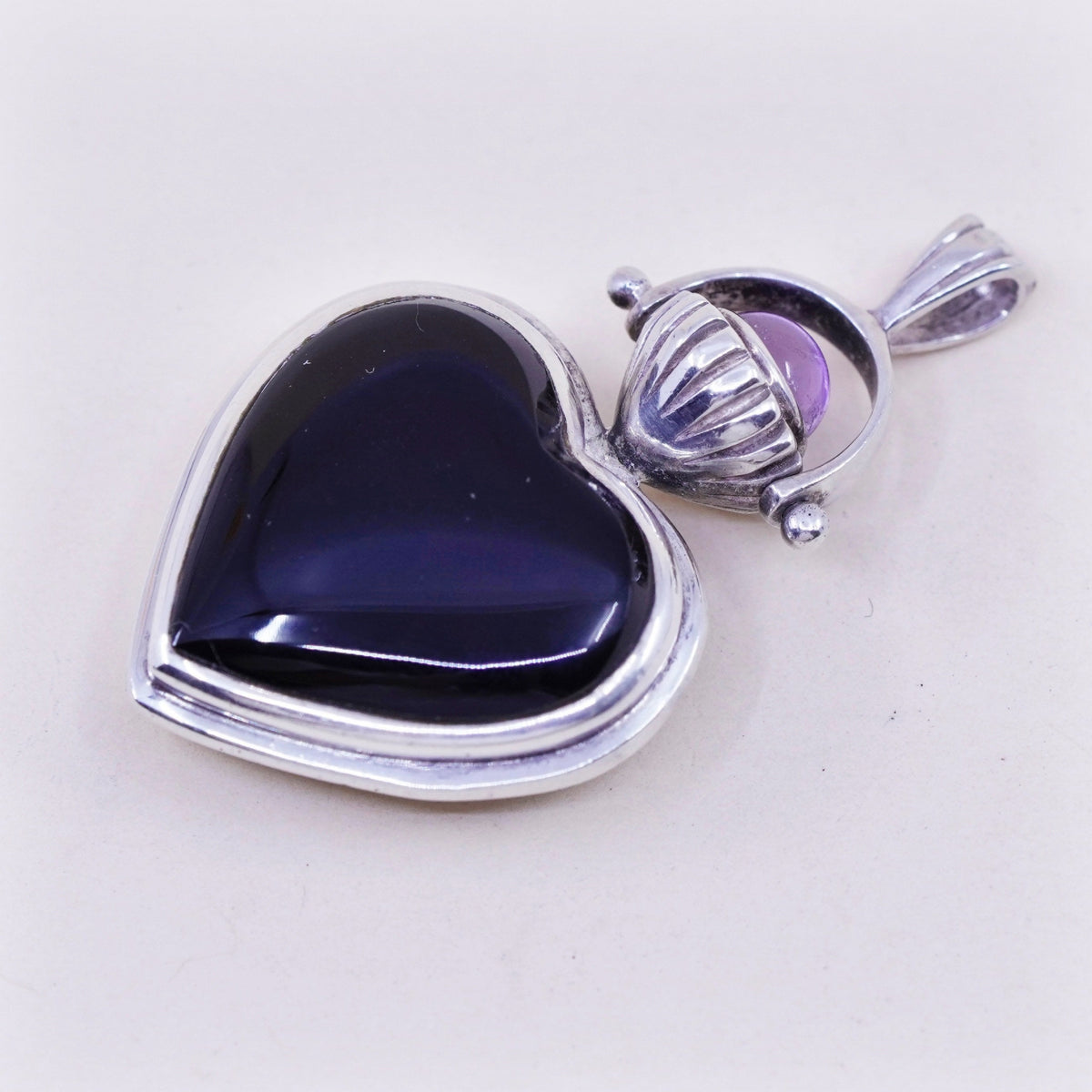 vintage sterling silver handmade pendant, 925 heart w/ obsidian mother of pearl
