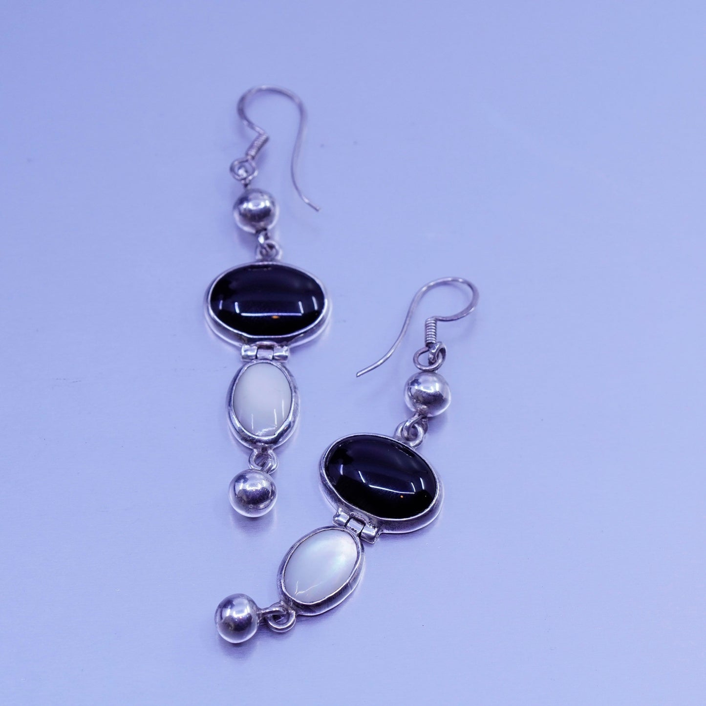 Vintage Sterling 925 silver handmade earrings w/ oval obsidian mother of pearl