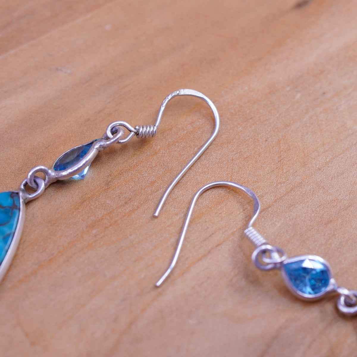 Vintage Sterling 925 silver handmade teardrop earrings with turquoise and topaz