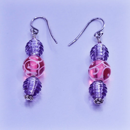 Vintage Sterling 925 silver earrings with artisan purple pink glass beads