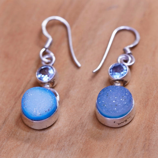 Vintage Sterling 925 silver handmade earrings with blue topaz and druzy