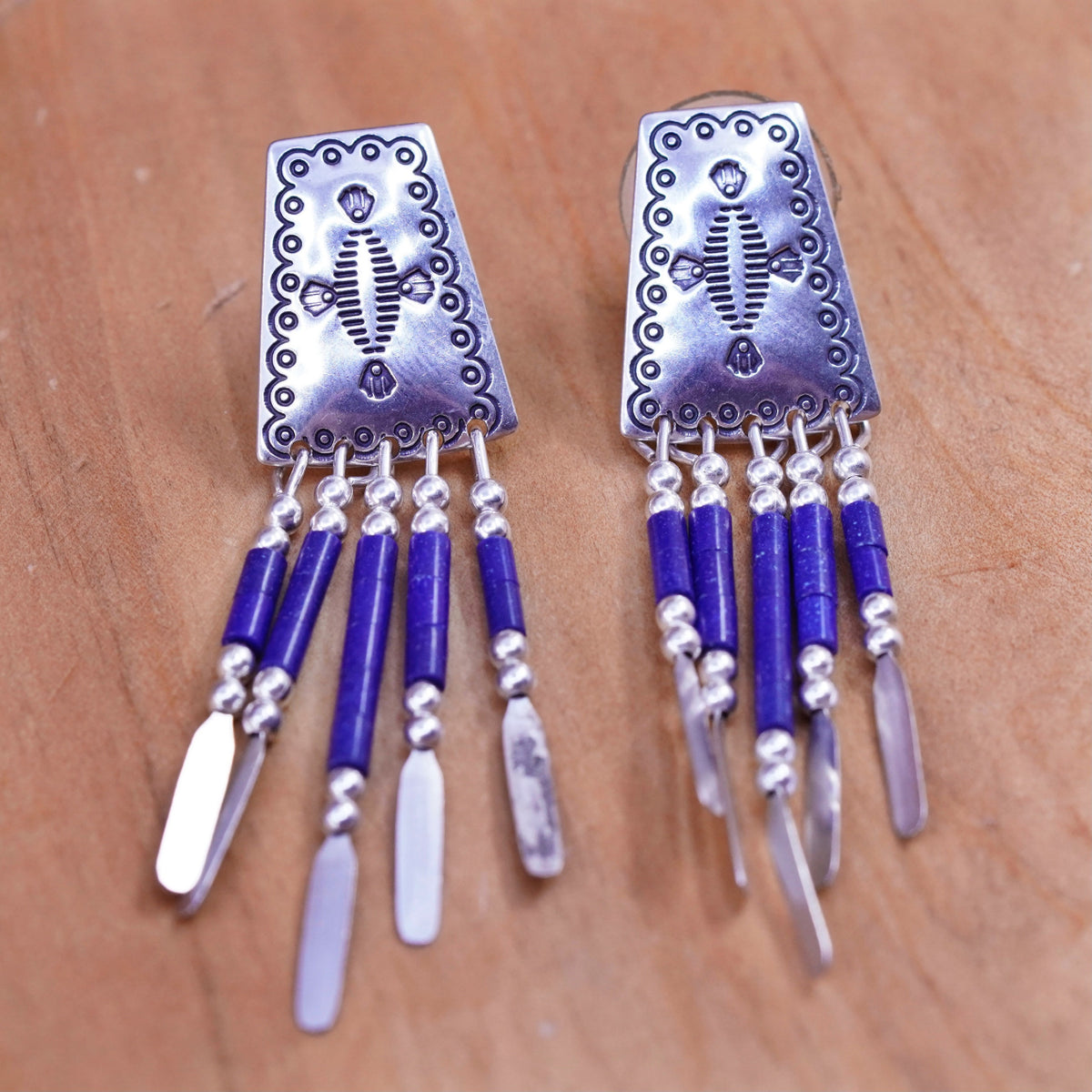 Quoc Turquoise Q.T. Sterling Silver Handmade Earrings, 925 lapis lazuli fringe