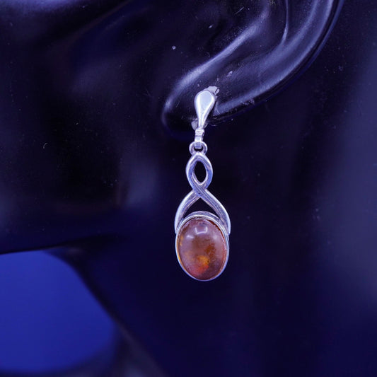 Vintage sterling 925 silver handmade earrings with oval amber
