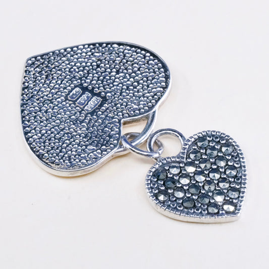 Vintage Sterling 925 silver pendant, marcasite double heart charm