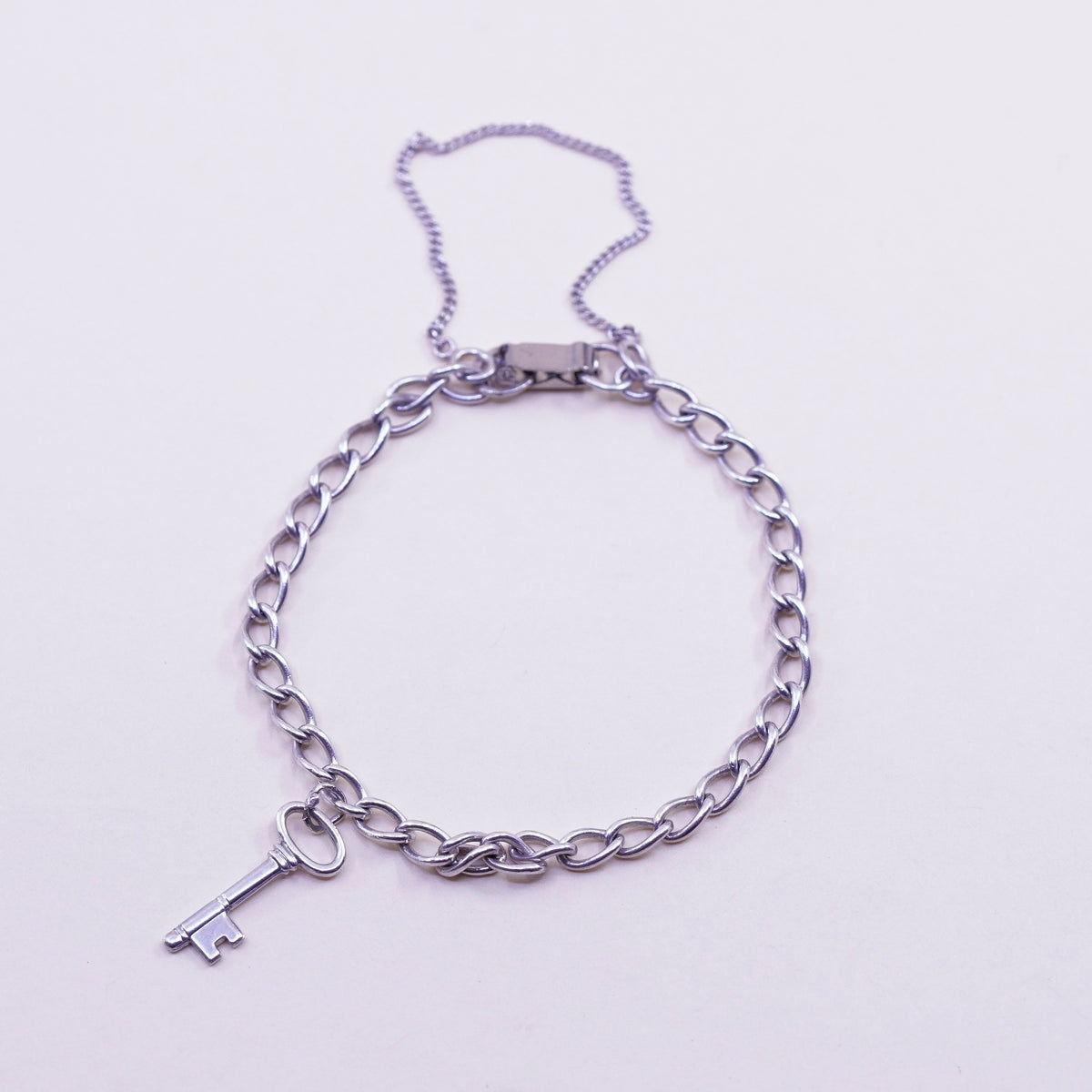 6.25”, 5mm, Vintage sterling silver curb chain, 925 handmade bracelet key charm