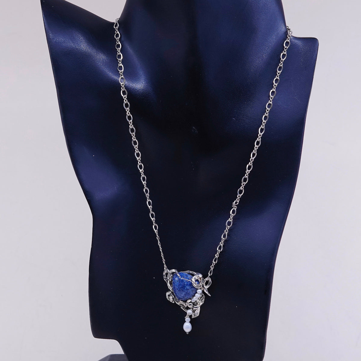 18" Israel sterling silver 925 necklace figaro chain W sodalite pendant N pearl