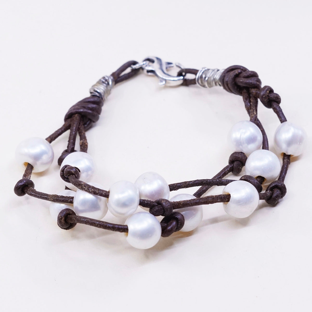 6” vintage brown leather chain with sterling 925 silver clasp and pearl