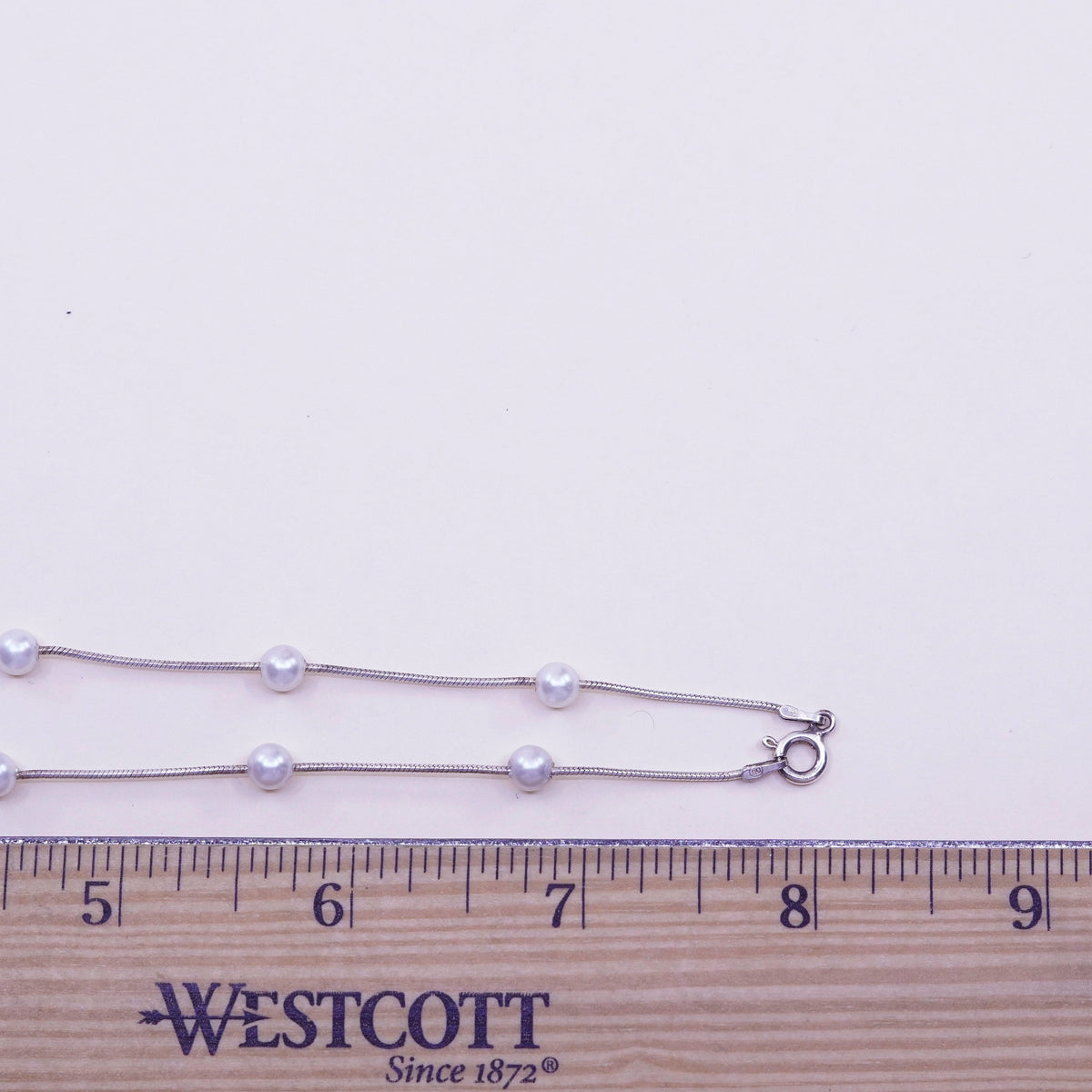 16”, Vintage handmade Sterling 925 silver Snake chain with pearl beads