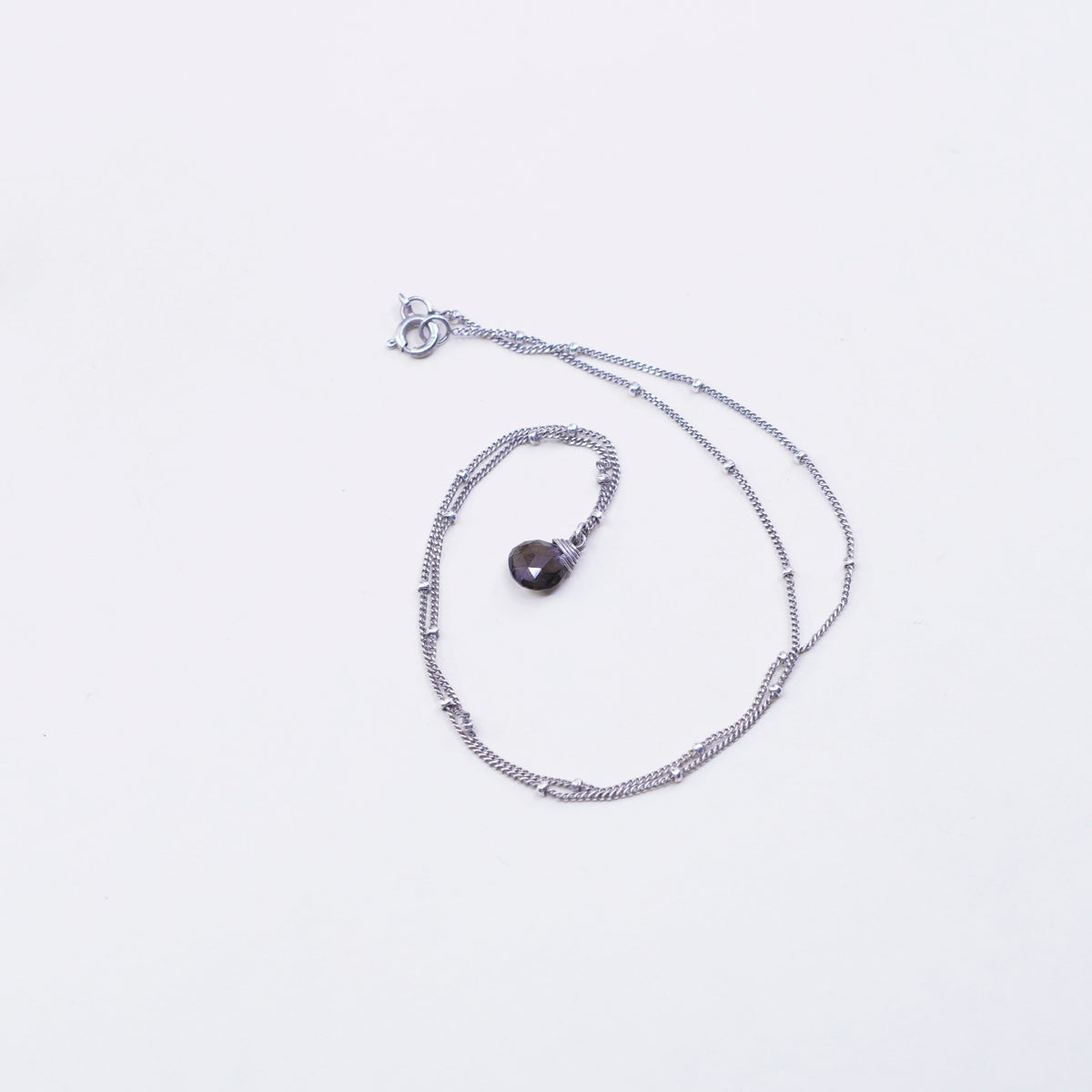 16”, vtg sterling silver necklace, teardrop crystal pendant bead circle chain