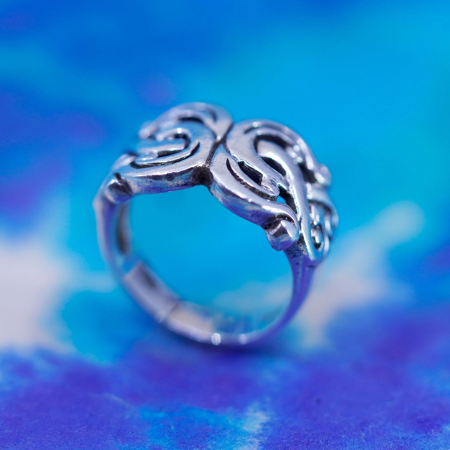 Size 7, vintage Sterling silver handmade ring, bold 925 filigree band