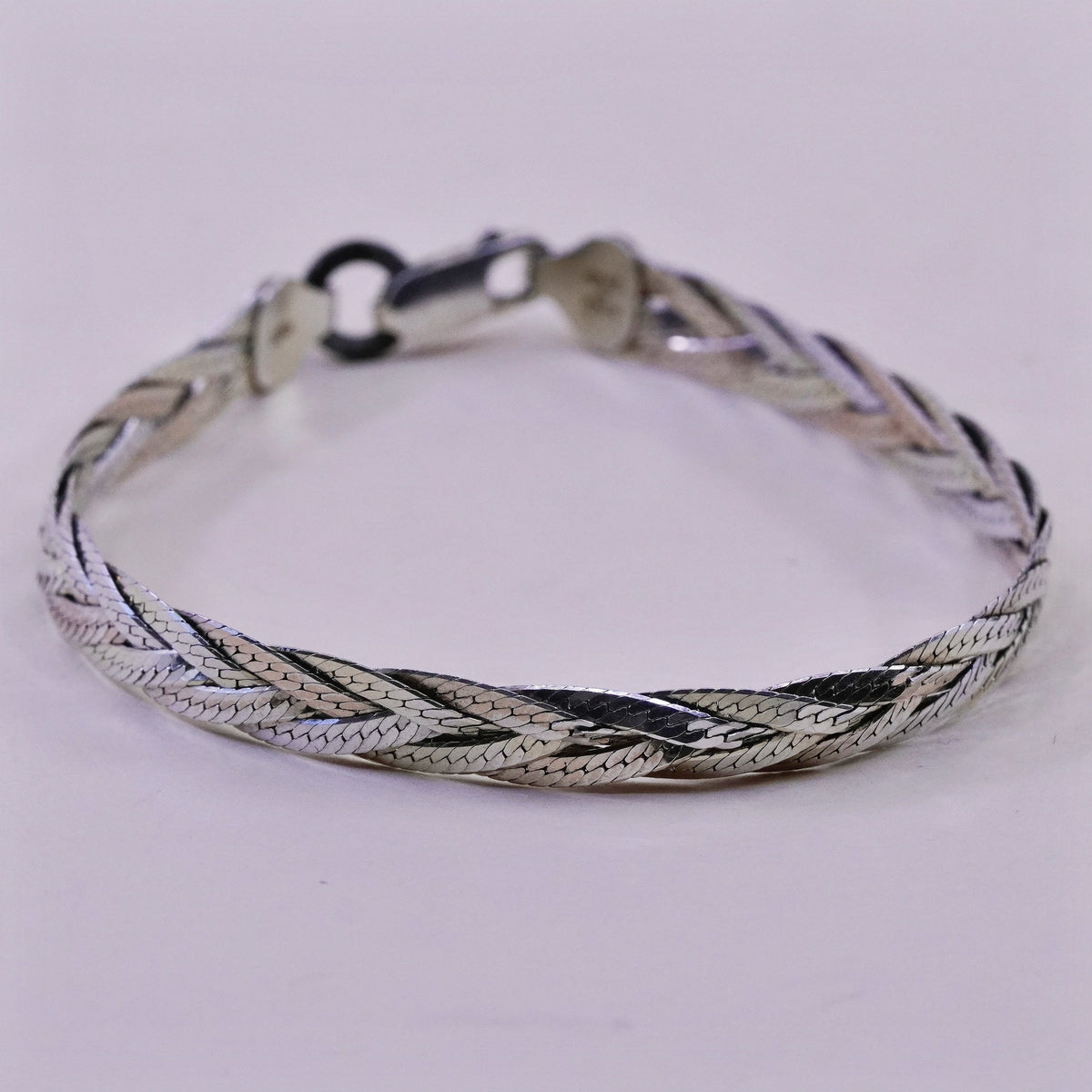 7”, 7mm, Vintage sterling 925 silver herringbone chain, woven bracelet
