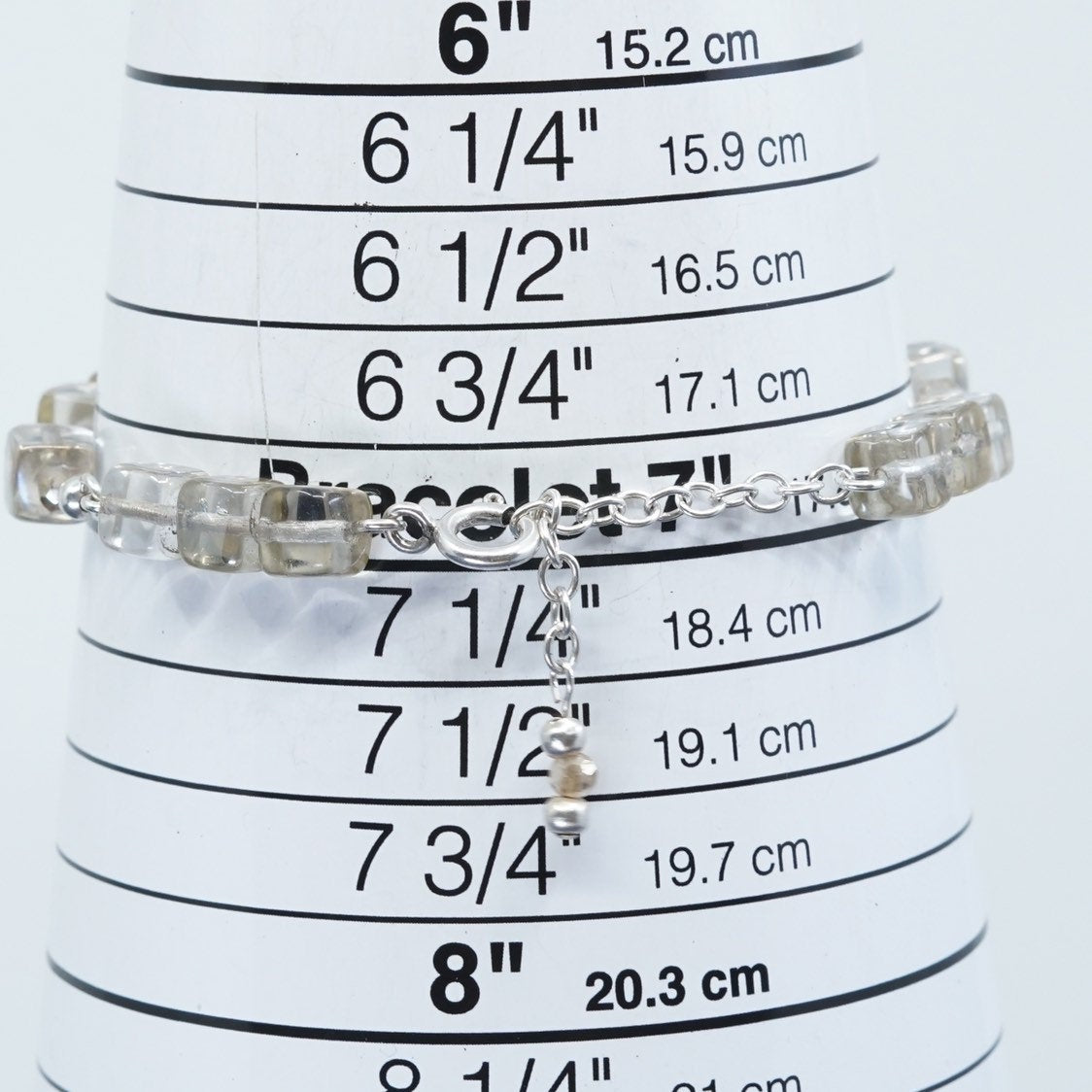 7"+1”, vtg handmade sterling silver bracelet, clear glass beads, stamped 925
