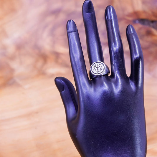 Size 6.75, Sterling silver handmade ring, 925 band embossed deer figure
