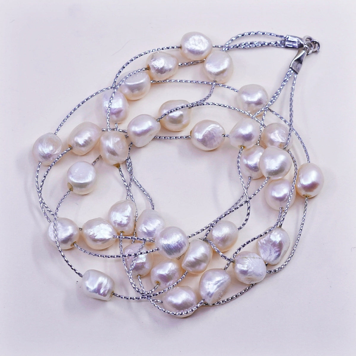 17”, Vintage handmade multi strands Sterling silver wheat chain pearl beads