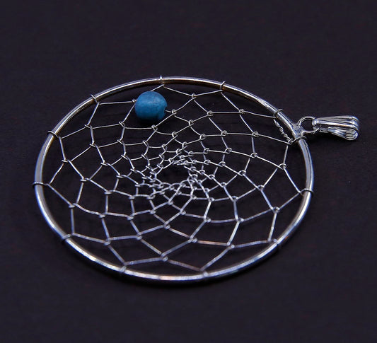 vtg Sterling silver handmade pendant with turquoise, 925 silver swirl net