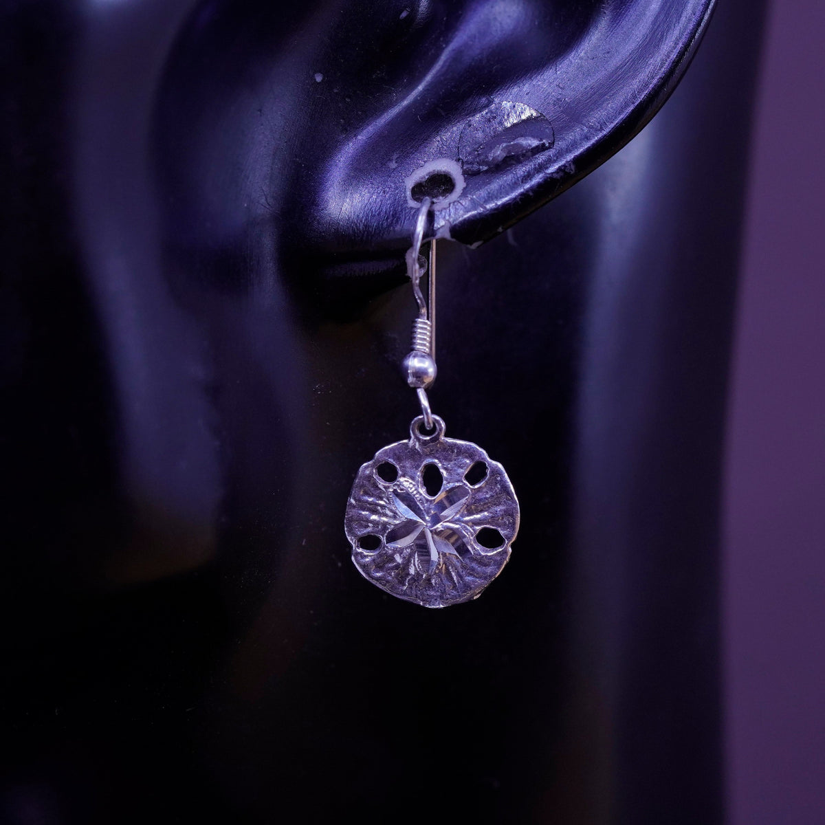 Vintage Sterling silver handmade earrings, 925 sand dollar drops