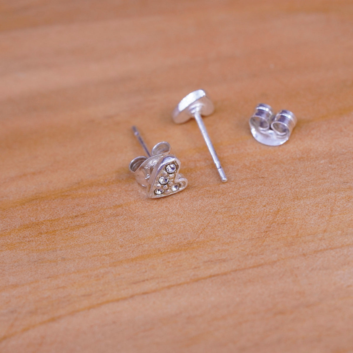 Vintage Sterling silver handmade earrings, 925 heart studs with cz