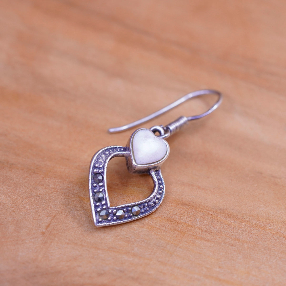 Sterling 925 silver handmade earrings with heart mother of pearl Marcasite