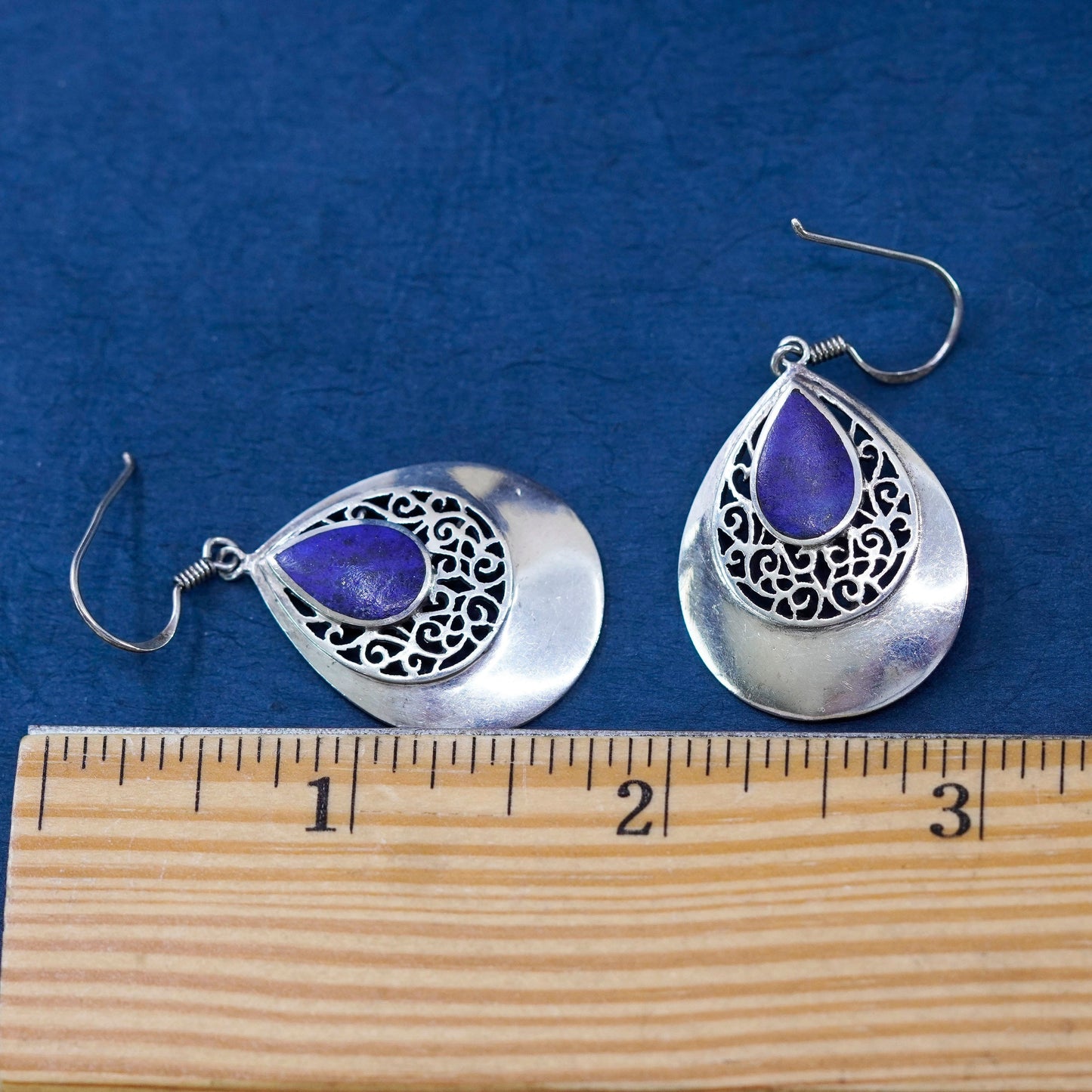 Boma Sterling 925 silver handmade teardrop filigree earrings with lapis lazuli