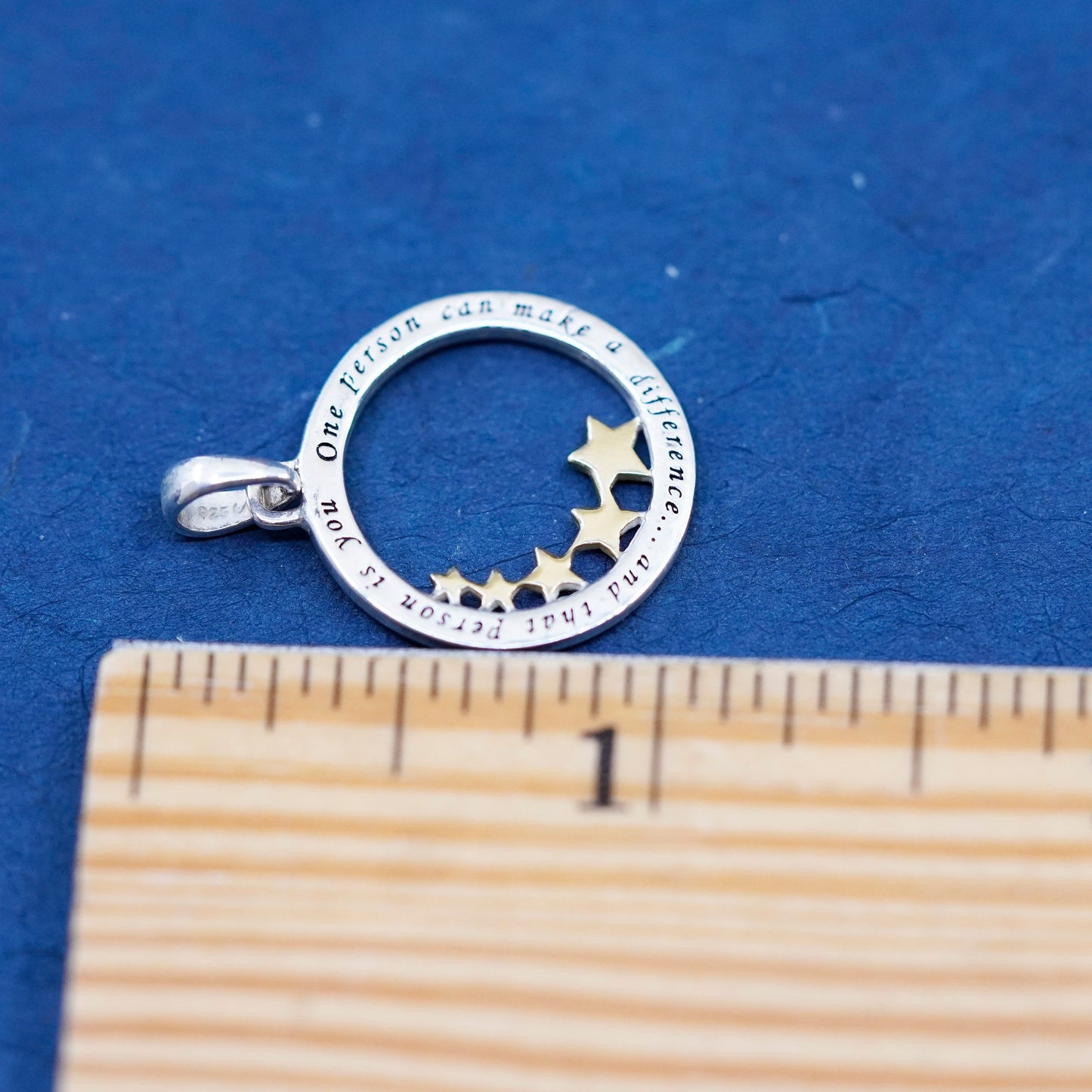 Vintage Sterling silver handmade pedant 925 circle quote “one person can make