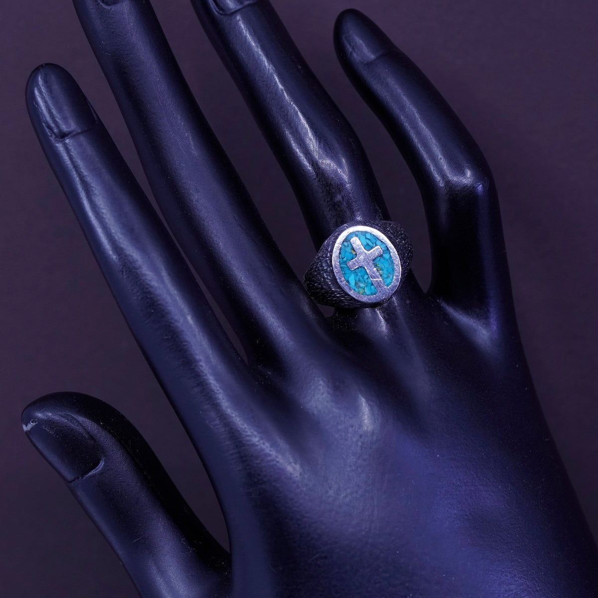 Size 7, zuni Sterling silver ring, Native American 925 cross band w/ turquoise