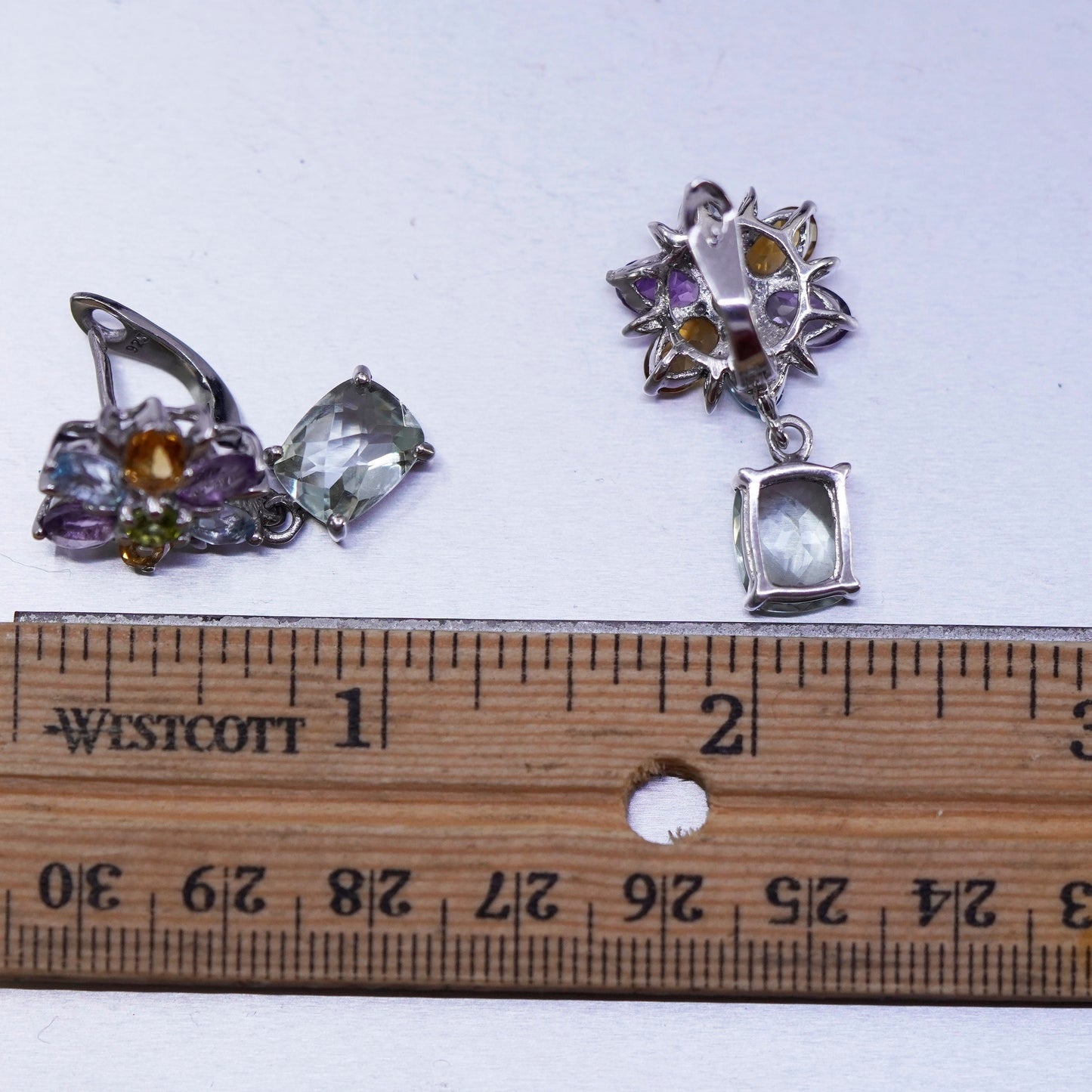 Vintage Sterling 925 silver handmade flower earrings citrine amethyst peridot